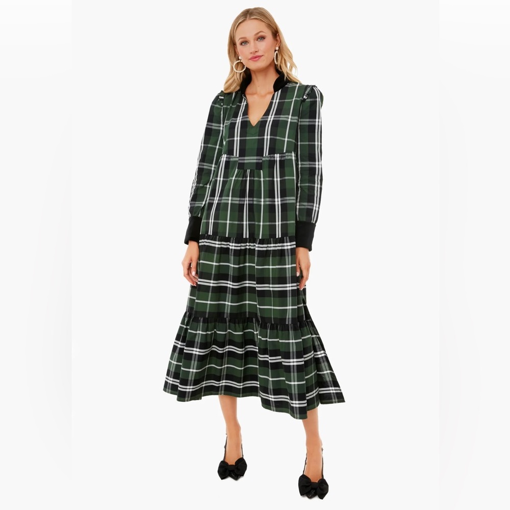 Tuckernuck Green and Black Plaid Long Sleeve Tiered Midi Dress